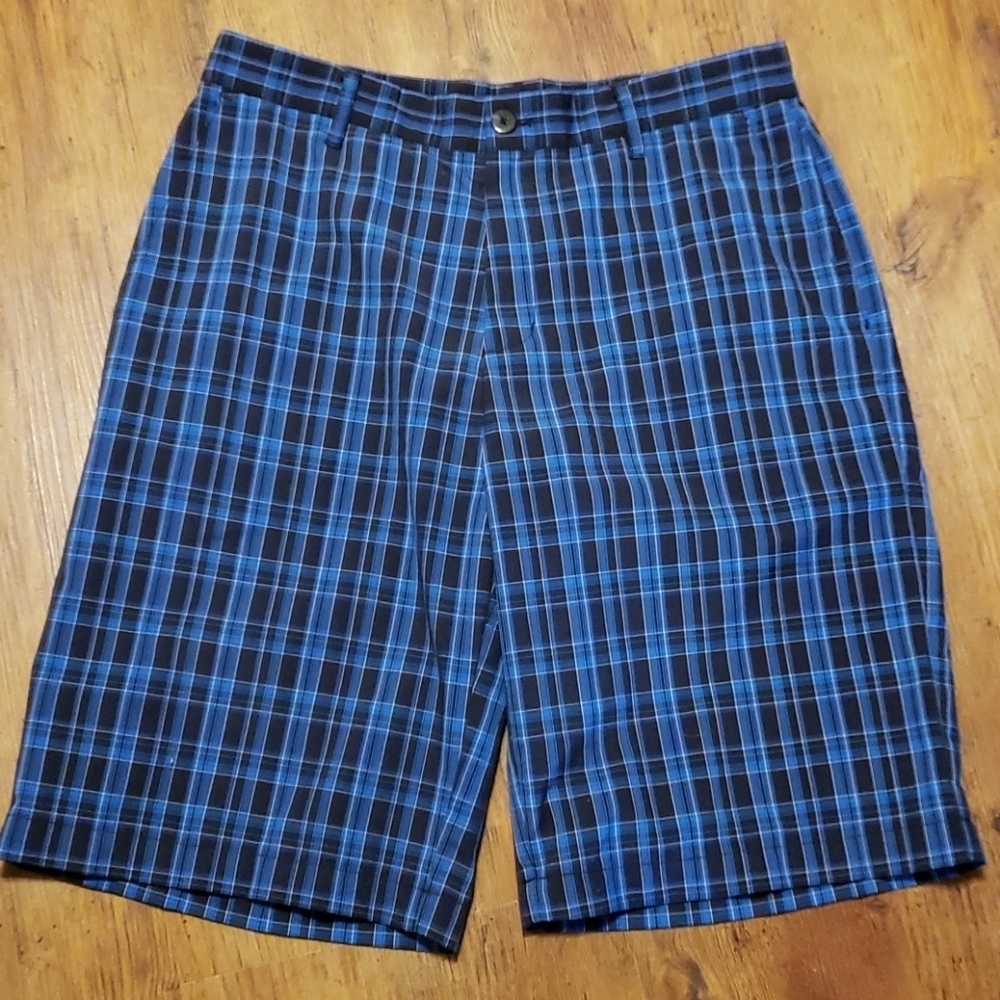 Adidas flat front golf shorts blue plaid